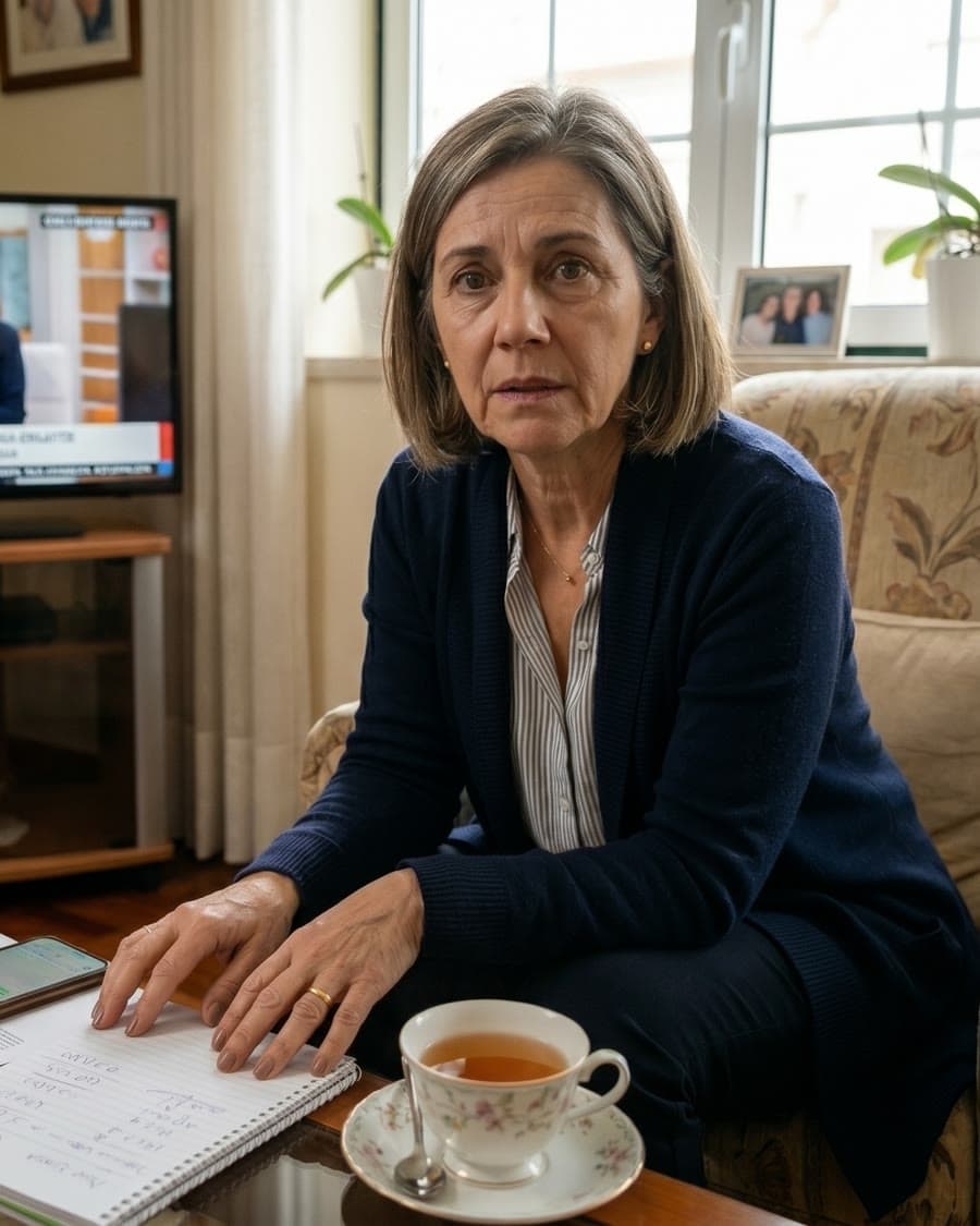Consumidora a rever documentos e contas em casa, com as notícias na televisão