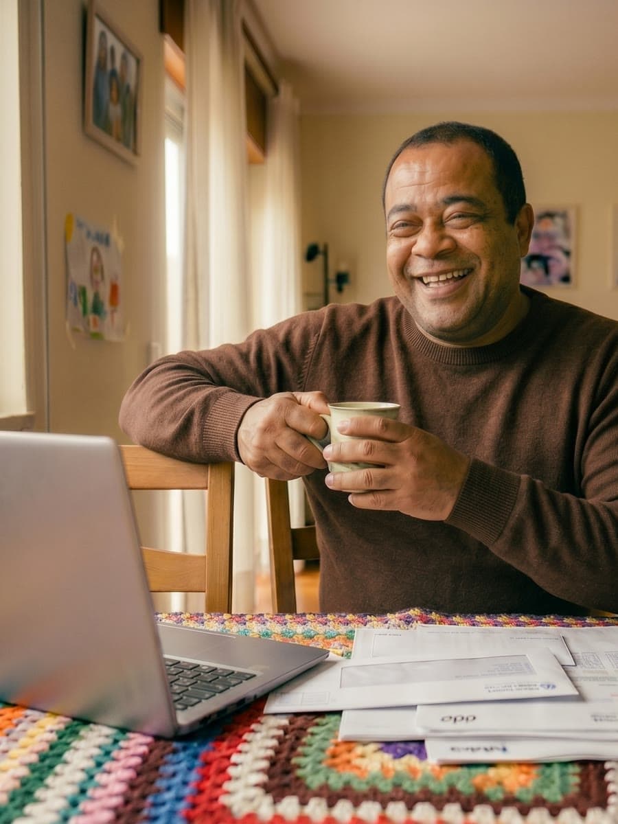Homem a sorrir em casa, com portátil, faturas e calculadora sobre a mesa