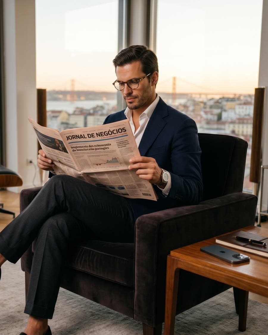 Homem a ler o Jornal de Negócios num apartamento com vista sobre Lisboa